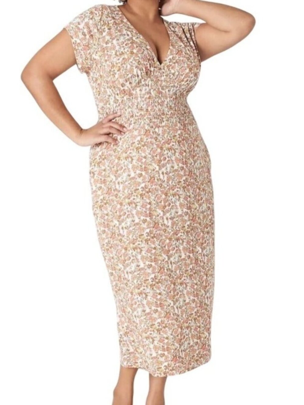 Lane Bryant Floral Print Midi Dress With Smocked Waist 14/16 Multi-Color.NWT